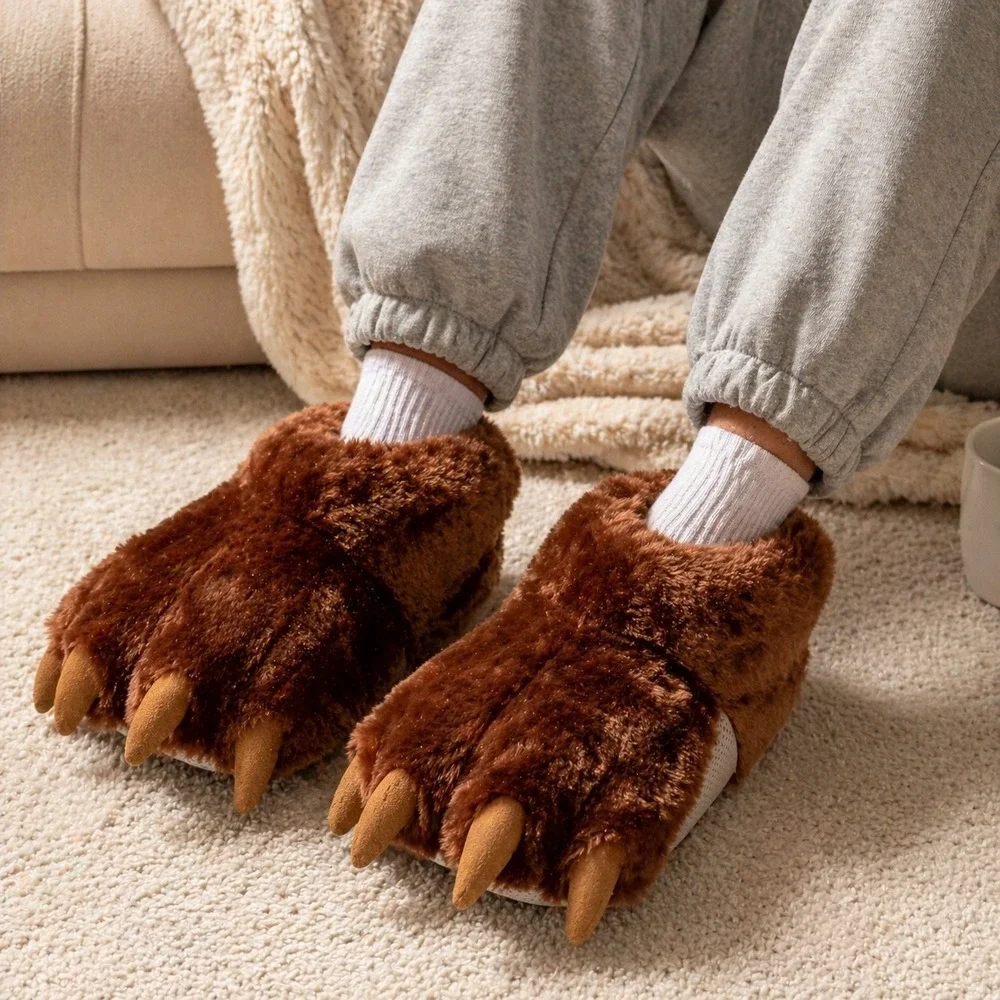 Millffy Brown Bear Paw Slippers Kids 13-3 Monster Claw Plush Fuzzy Non-Slip M